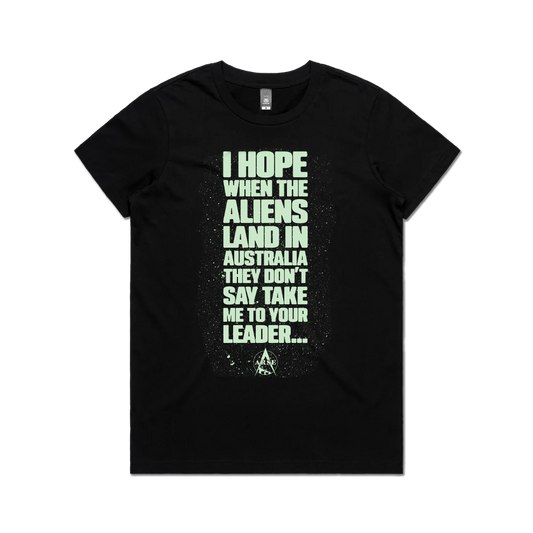 Don't Take Me To Your Leader Ladies Tee Black